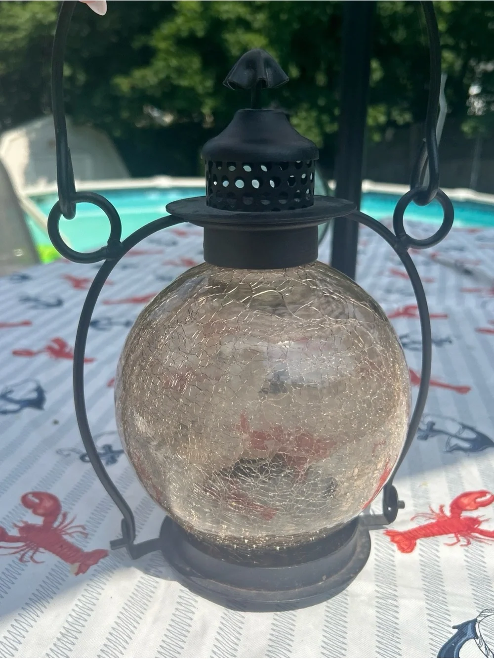 Vtg Rustic Amber Crackle Glass Candle Lantern w rod iron Holder & Swing Handle